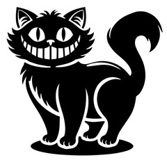 Black Silhouette of Grinning Cat with Wide Smile and Curved Tail