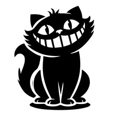 Black Silhouette of Grinning Cat with Wide Smile and Curved Tail