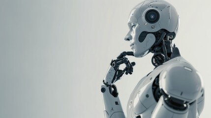 Thoughtful humanoid robot in profile.
