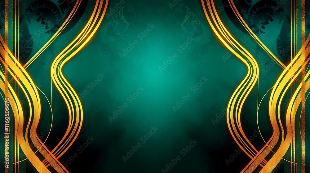 Poster golden waves on teal: abstract background featuring a mesmerizing dance of golden waves against a de