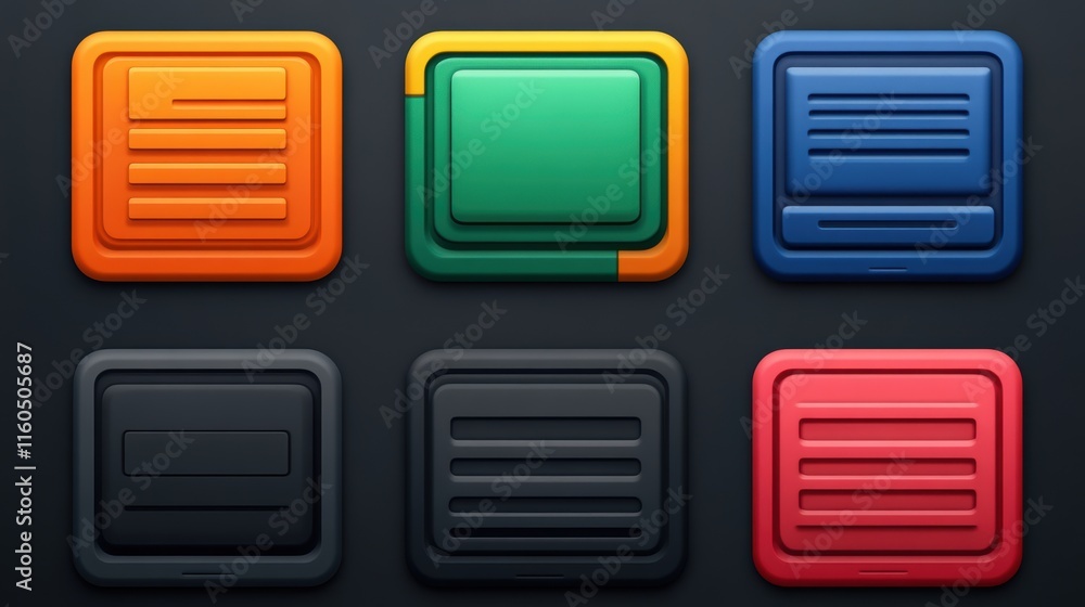 Poster colorful button collection, a set of four round buttons in vibrant hues for ui design