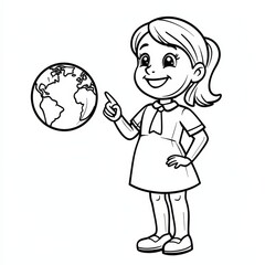 Little Explorer Pointing at the Globe: A young girl in a charming cartoon style gazes at a globe, pointing at the continents, her expression full of curiosity and wonder.