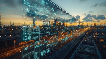 Smart factory digital overlay on industrial cityscape at sunset.