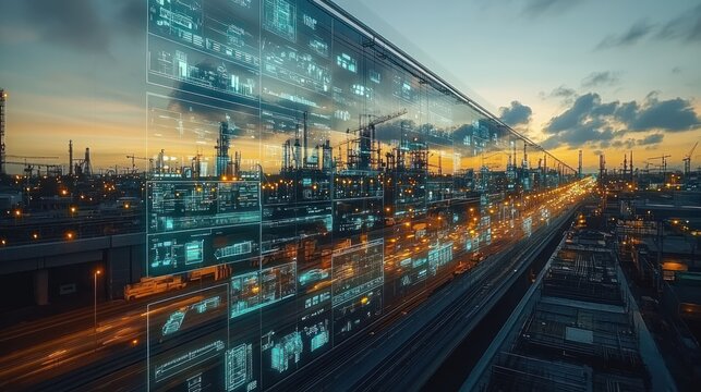 Smart factory digital overlay on industrial cityscape at sunset.