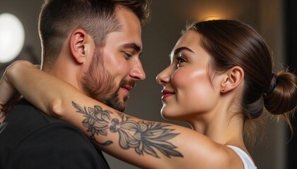 Fototapeta premium Couple sharing intimate moment with matching tattoos in studio, love