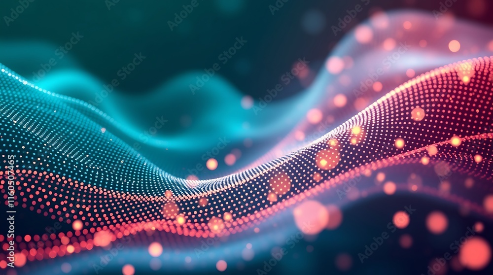 Poster abstract flow: a mesmerizing wave of vibrant teal and coral particles dances across a deep, dark bac