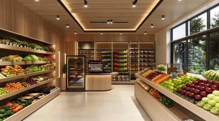 Modern fruit and vegetable store interior.