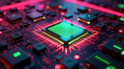Futuristic Green Microchip With Illuminated Circuit Board in Neon Lighting

