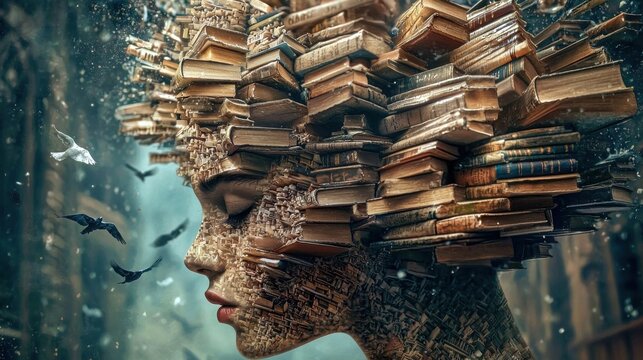 A contemplative woman with a unique hairdo made of books, exuding creativity and wisdom.