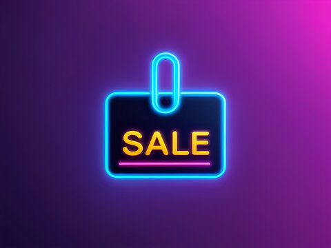Neon style, "sale" tag with gradient dark glowing background. 300dpi