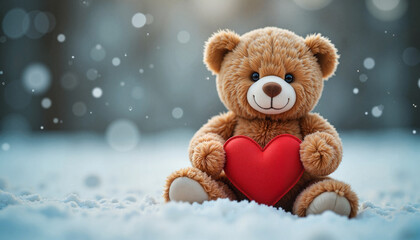 Cozy teddy bear holding felt heart in winter wonderland, heartfelt warmth