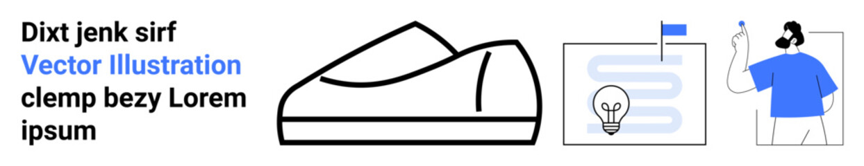 Black outlined shoe, lightbulb with lines, and person with blue shirt using smartphone. Ideal for fashion, design, creativity, innovation, technology, communication, and lifestyle. Landing page