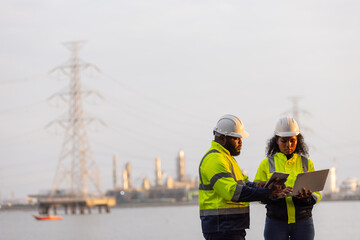 Two engineers in safety helmets and high-visibility jackets discuss work while holding a tablet and...