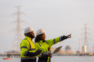Two engineers in safety helmets and high-visibility jackets discuss work while holding a tablet and...