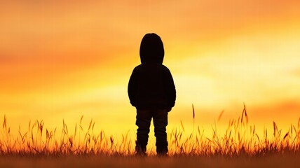 Emotional Value concept. Silhouette of a child against a colorful sunset backdrop.
