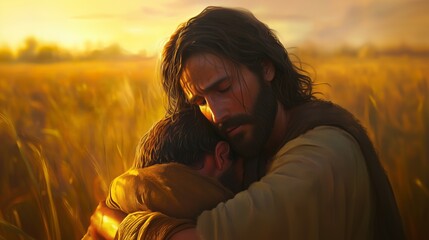 Jesus embracing a repentant man: Jesus embracing a man kneeling before Him