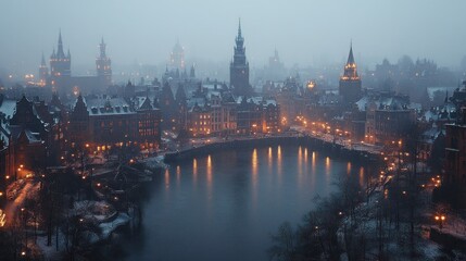 Fototapeta premium Snowy, foggy city at night with river reflections.