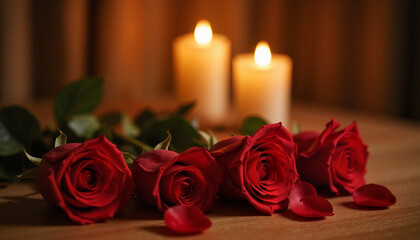 Red roses and lit candles creating a serene atmosphere indoors, tranquility