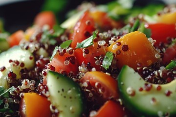 Fresh quinoa salad made with vibrant vegetables in a rustic bowl