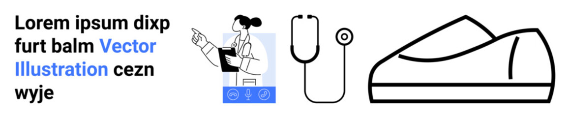 Medical professional pointing at document, stethoscope, and orthopaedic shoe. Ideal for healthcare, medical websites, hospital landing pages, medical equipment shops, healthcare blogs, clinic