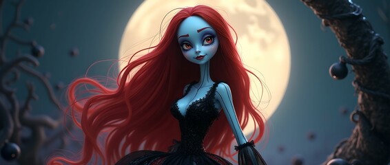 Cartoon character girl doll with red hair at night on the background of the moon