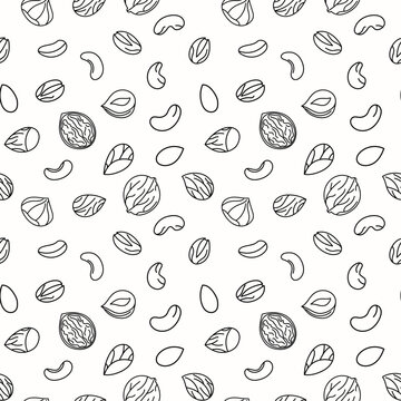 Seamless pattern with different nuts, outline. Peanut, walnut, hazelnut, pistachio, almond and cashew. Concept of healthy food. Hand drawn sketches, doodle, vector pattern.
