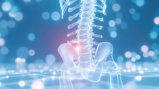 A detailed 3D illustration of the lower spine and pelvic region with a highlighted lumbar vertebra, set against a futuristic blue bokeh background. Ideal for medical, orthopedic, or scientific themes.
