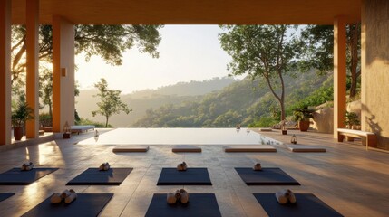 A morning yoga class on a sunlit terrace overlooking a serene valley