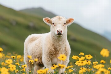 Obraz premium Emotional Value concept. A sheep standing among vibrant yellow flowers in a lush green landscape.
