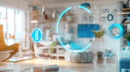 Smart home interface overlay on modern living room.