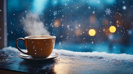 Fototapeta premium A steaming cup of hot chocolate sitting on a frosty windowsill, with snowflakes falling gently outside under the moonlight.