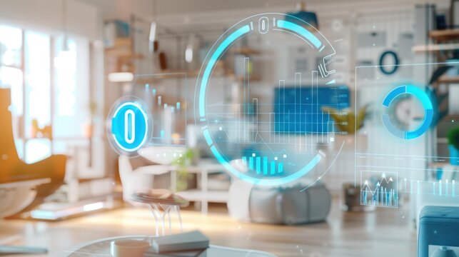 Smart home interface overlay on modern living room.