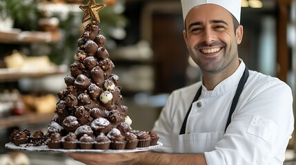 Happy pastry chef proudly presents a delicious chocolate Christmas tree dessert.