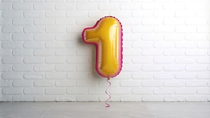 Vibrant yellow balloon number one against white brick wall background