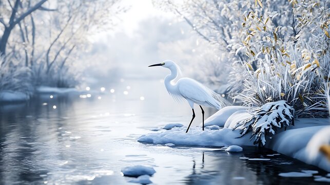 A stunning image of a snowy egret hunting along a frozen stream surrounded by snow-covered vegetation.