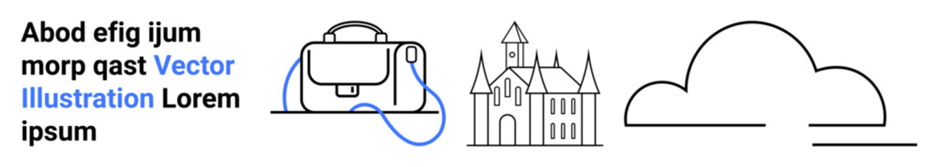 Fototapeta premium Backpack with blue strap, gothic castle with towers, and a minimalistic cloud evoke themes of travel, history, weather, education, tourism, architecture, and design. Ideal for travel blogs