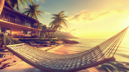 A peaceful beachside retirement location with a cozy house by the ocean. The golden sunset casts soft light, and a hammock sways gently among palm trees. This serene setting provides an ideal escape