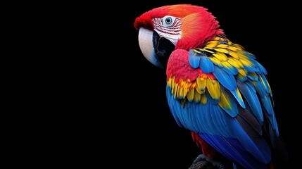 Obraz premium A vibrant parrot with red, blue, and yellow feathers against a black background.