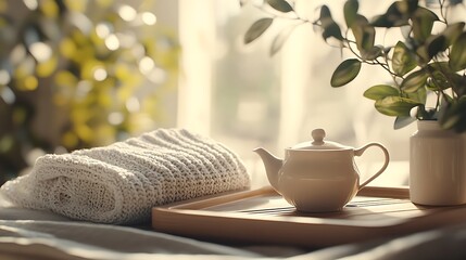 A teapot and a cup on a wooden tray, next to a neatly folded sweater, with a blurred room interior filled with sunlight streaming through a window.