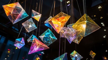 A colorful display of triangles hanging from the ceiling