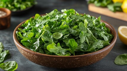 Fresh leafy salad with tomatoes served in a rustic bowl on a dark wooden surface