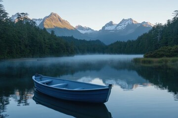 Obraz premium Tranquil Morning at a Serene Lake with a Blue Boat, Majestic Mountains in the Background, and Soft Mist Rising from the Water