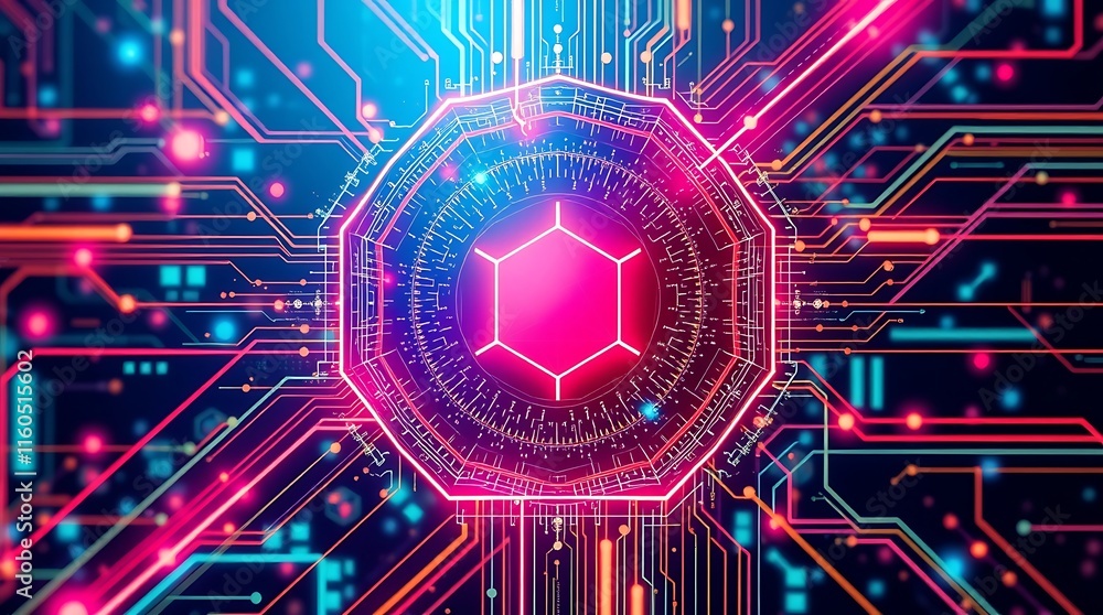 Poster cybernetic core: abstract digital art depicting a glowing, multifaceted core at the heart of a compl