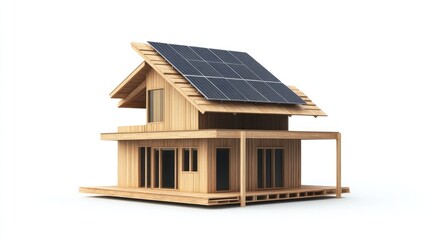 Sustainable wooden house with solar panels.