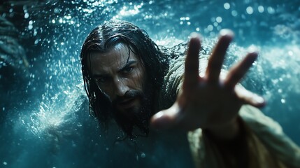 jesus reaching down threw the water reaching his hand to save us