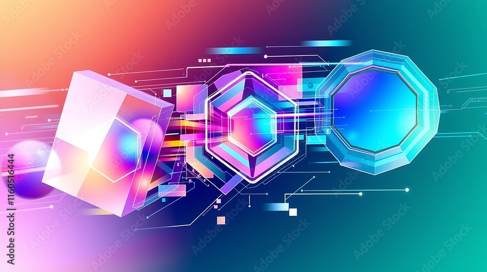 Poster vibrant tech abstract: a dynamic composition of iridescent geometric shapes and circuit lines, creat