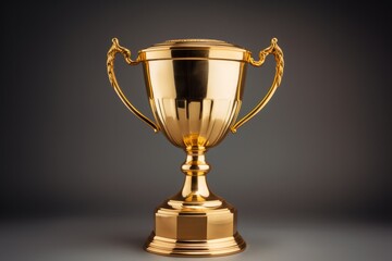Golden champion trophy on dark background, celebrating victory, with empty space for text