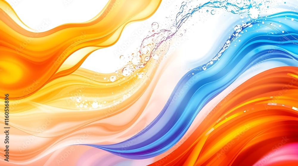 Poster liquid symphony: abstract swirls of vibrant orange, blue, and red hues intermingle with splashing wa