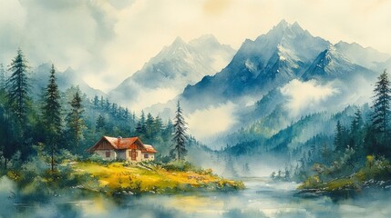 Obraz premium Watercolor landscape of a mountain house by a serene lake. Generative AI