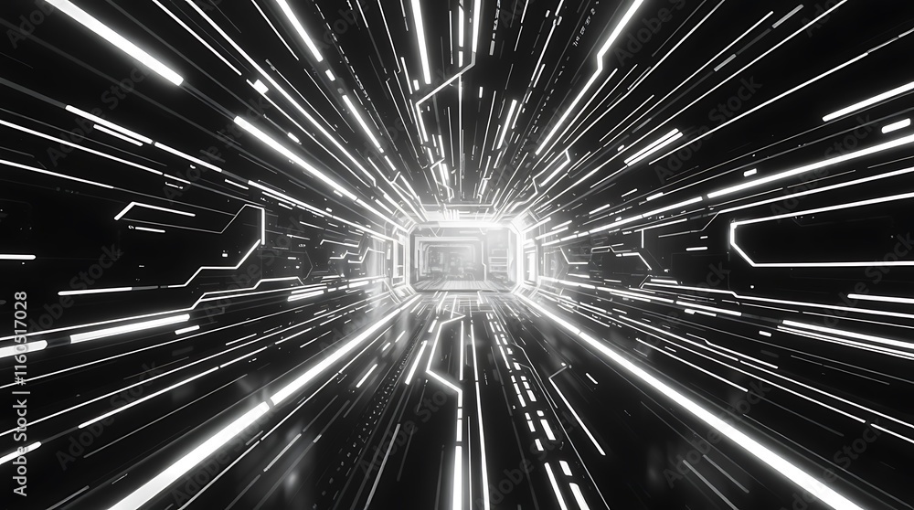 Poster digital speed tunnel: abstract, futuristic tunnel with glowing white lines radiating from a central 